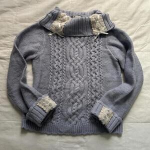 Axes Femme lavender Blue cable knit sweater with faux fur, lace details and bows